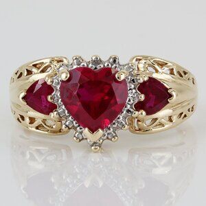 10K Yellow Gold Heart Lab Rubies & Diamond Filigree Ring